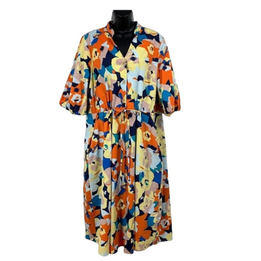 Floral Midi Dress with Vibrant Colors Synched Waistline